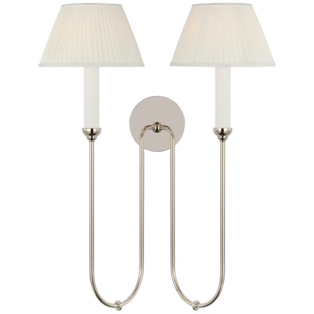 Amber Lewis for Visual Comfort Signature Ingela 24" Double Sconce in Polished Nickel with Silk Pleat Shades For Sale