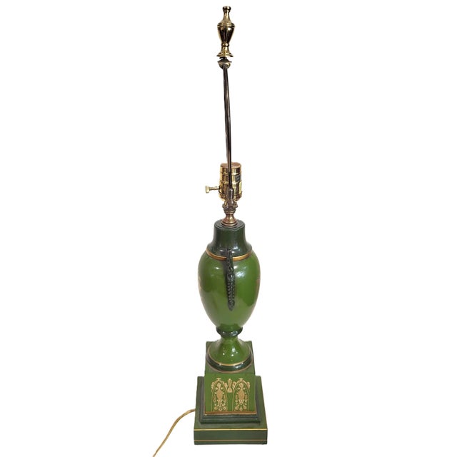 Metal Vintage French 20th C Designer Empire Style Green & Gold Swan Urn Lamp For Sale - Image 7 of 17