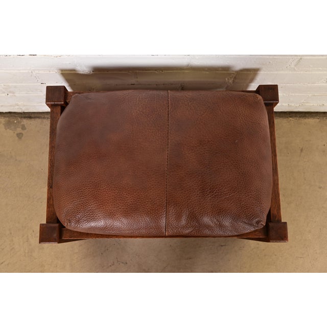 Stickley Brothers Stickley Brothers Antique Mission Oak Arts & Crafts Leather Upholstered Footstool or Ottoman, Circa 1910 For Sale - Image 4 of 12