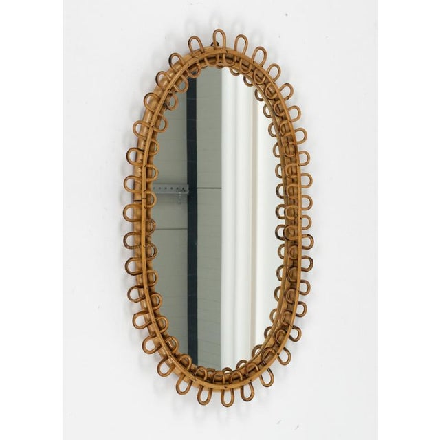 Mid-Century Oval Rattan and Bamboo Wall Mirror in the style of Franco Albini, Italy, 1960s For Sale - Image 6 of 11