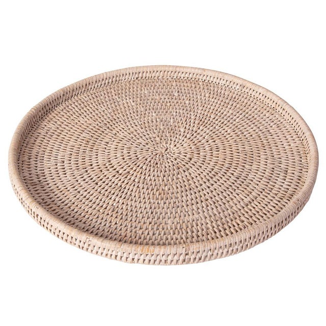 Artifacts Rattan Round Flat Tray in White Wash - 14" For Sale - Image 4 of 8