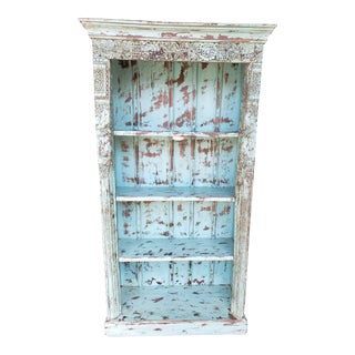 Arhaus Rustic Bookshelf Featuring Carvings and Chipping Paint Finish For Sale