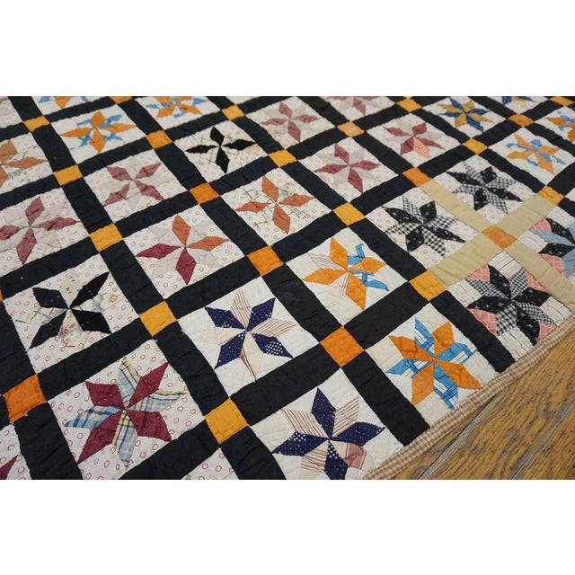 1930s Multicolor Geometric 4Star Antique American Quilt 5'3" X 6'5'' Handknotted Cotton Carpet Rug For Sale In New York - Image 6 of 13