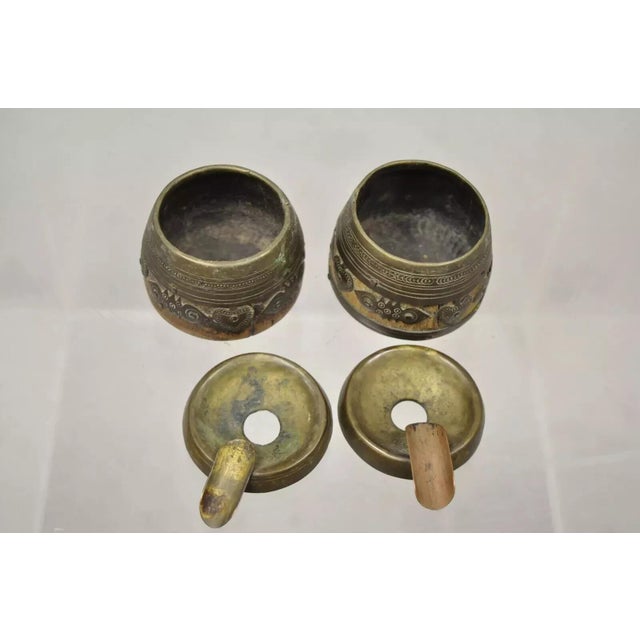 Gold 19th C. Antique Indian Brass and Wood Smoking Tobacco Jar, Box & Ashtray Set - 3 Pieces For Sale - Image 8 of 11