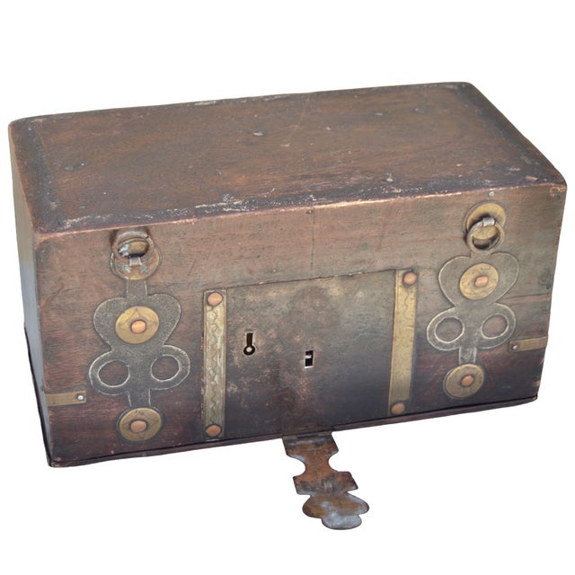 Brass Mid 20th Century Hand-Crafted Brass-Inlaid Asian Wooden Chest Accent For Sale - Image 8 of 10