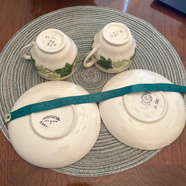 Ceramic 1950s Mid Century Modern "I Love Lucy" Franciscan Ivy Teapot and 2 Cups and Saucers For Sale - Image 7 of 7