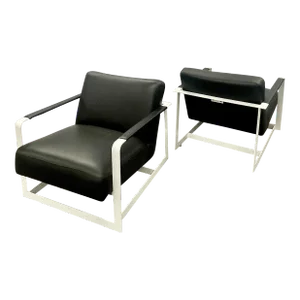 Pair of Mid-Century Modern Lounge Chairs, Leather, Steel Base, American, 1980s