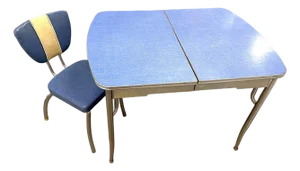 Vintage 1950s Blue Formica Kitchen Table W/ Leaf & Chair – Chrome Legs – Mid Century Dinette Set – Atomic Style – Expandable