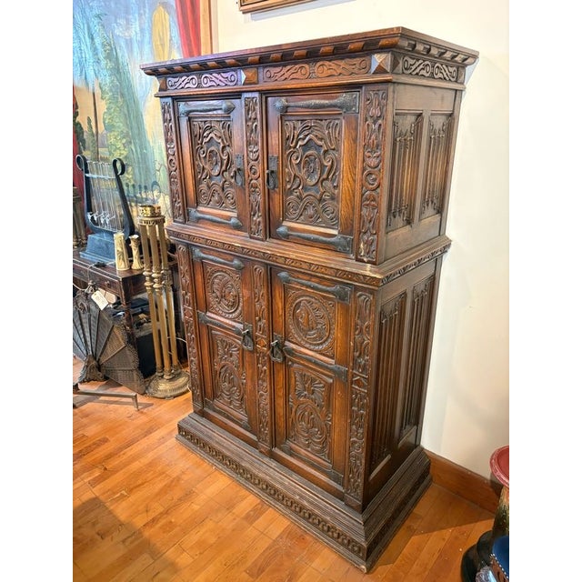 Gothic Early 20th Century Hand-Carved Gothic Revival Two-Tiered Cabinet With Iron Hardware For Sale - Image 3 of 16
