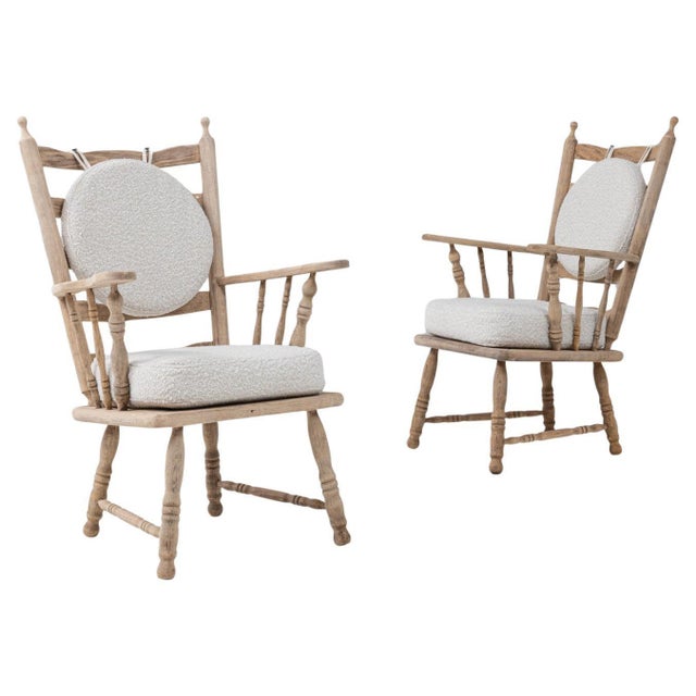 20th Century French Oak Spindle Back Armchairs With Round Bouclé Cushion - A Pair For Sale - Image 15 of 18