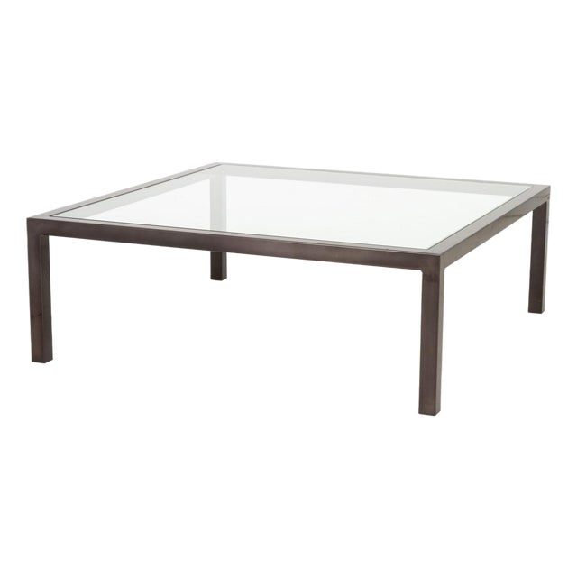 Modern Minimalist Polished Metal and Glass Top Coffee Table For Sale