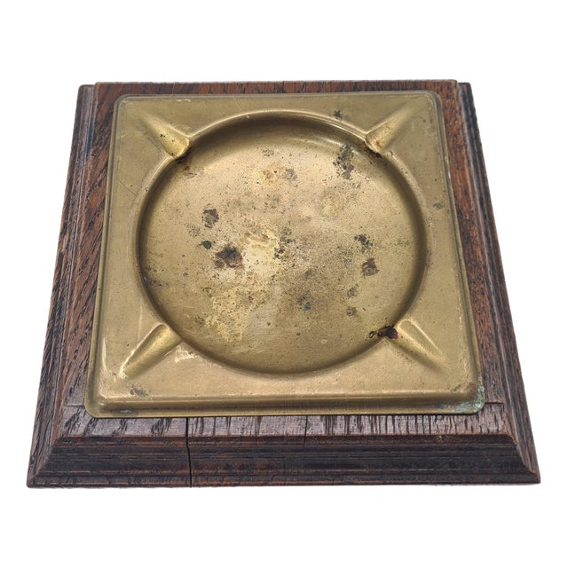 Vintage Brass Ashtray with Oak Base from Meubelfabriek Oisterwijk, Netherlands, 1970s For Sale