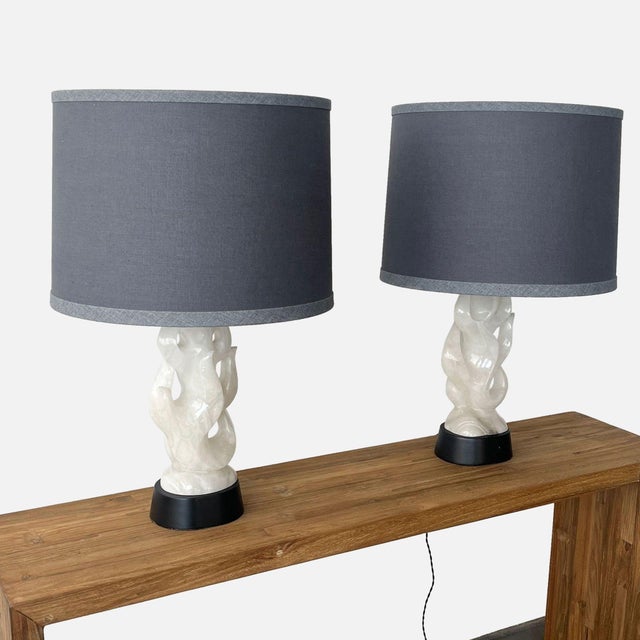 Mid-Century Modern 1950s Maurizio Tempestini Mid-Century Alabaster Sculpted Flame Lamps - Pair For Sale - Image 3 of 3