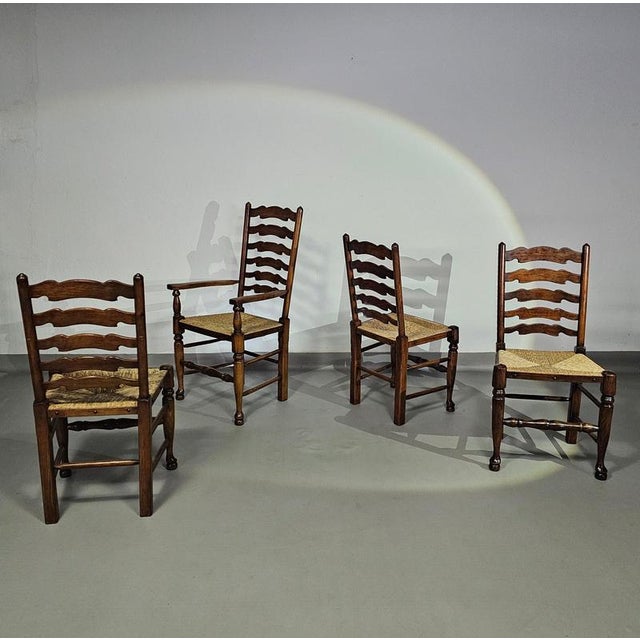 Rustic Oak Farmhouse Ladderback Dining Chairs with Rush Seats, 1960s, Set of 4 For Sale - Image 12 of 18