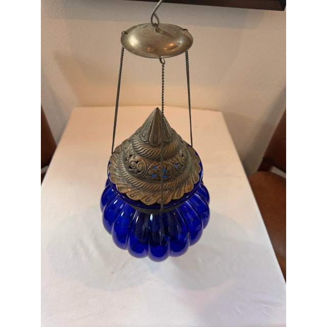 Large Vintage Cobalt Blue Hanging Decorative Glass Ornament With Ornate Pierced Metalwork For Sale - Image 4 of 7