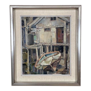1949 Mid Century Swedish Modernist Harbour Oil Painting by Edvin Ollers For Sale