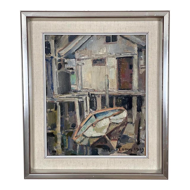 1949 Mid Century Swedish Modernist Harbour Oil Painting by Edvin Ollers For Sale