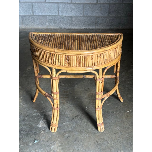 Boho Chic 1970s Burnt Bamboo and Rattan Demilune Console Table For Sale - Image 3 of 12