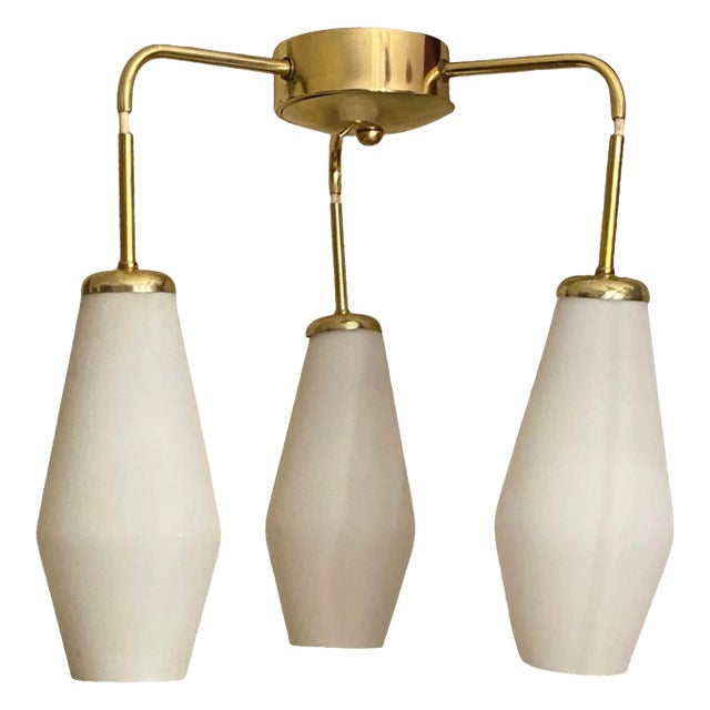 1960s Stilnovo Style Triple Frosted Glass Pendant Brass Chandelier Light Fixture For Sale