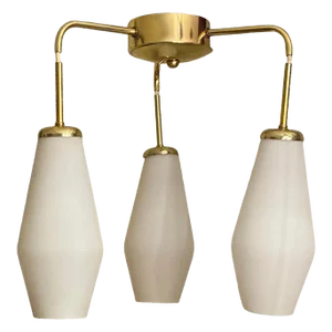 1960s Stilnovo Style Triple Frosted Glass Pendant Brass Chandelier Light Fixture