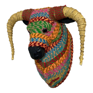 Folk Art Wall Hanging Animal Bust Ox Steer Bull Head Multicolor Jute Twine Leather Horns