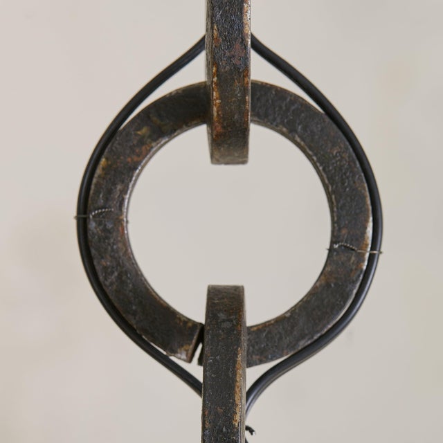 Metal 1960s French Brutalist Iron Two-Light Pendant For Sale - Image 7 of 7
