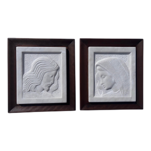 Mid-Century Italian Hand-Carved Alabaster Reliefs of Christ & the Virgin Mary — Framed Pair