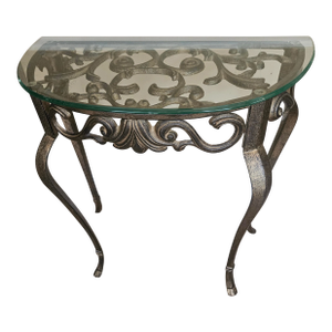 Hollywood Regency Iron Cabriole Leg Glass Top Demi-Lune Table