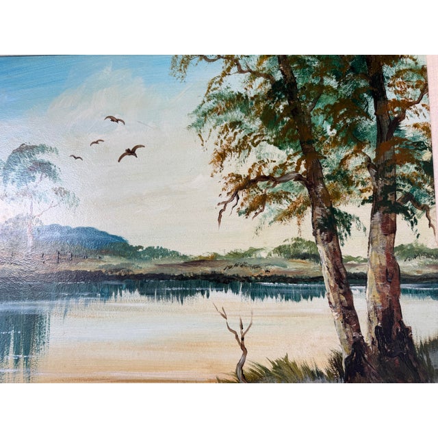 1980’s Vintage Rockwell Kent Tropical Lake Landscape Oil on Board Painting, Framed For Sale - Image 9 of 12