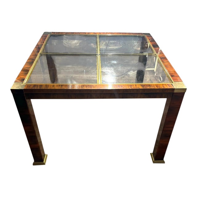 Mid Century Faux Flamed Burl Smoked Glass Side Table For Sale