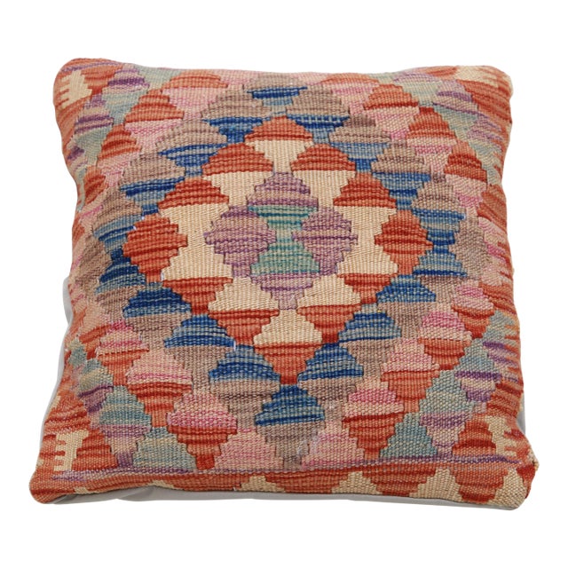 Arteverk Handwoven Afghan Kilim Pillow — Pink & Blue Diamond Lattice For Sale