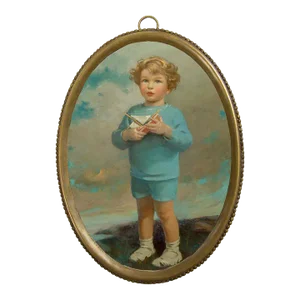 Young Boy With Sailboat in Antiqued Beaded Brass Frame