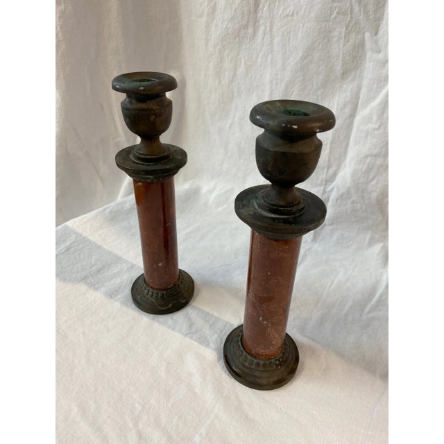 Sarreid Brown Marble and Verdigris Candle Stick Holders Vintage Hand crafted