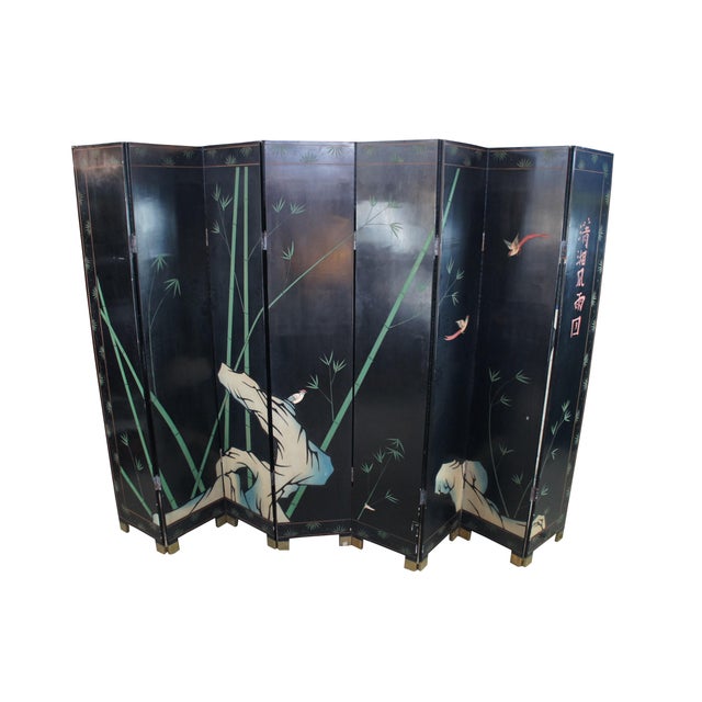 Impressive mid 20th century Chinese coromandel lacquered eight panel folding screen featuring a grand Palace / Courtyard...