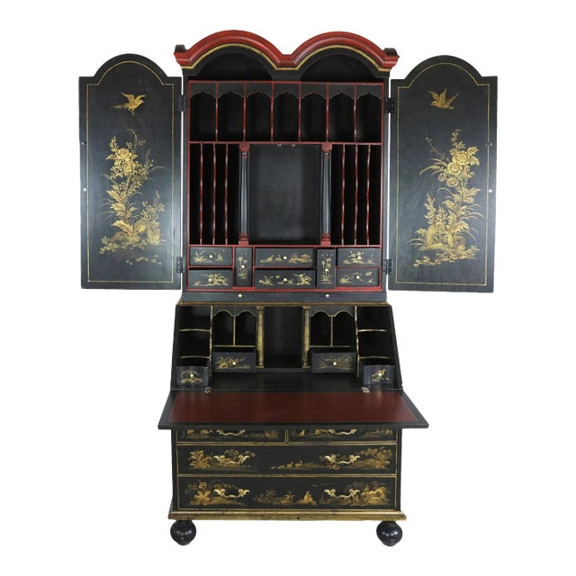 Vintage English George III Style Black and Red Decorative Tall Secretary Cabinet For Sale