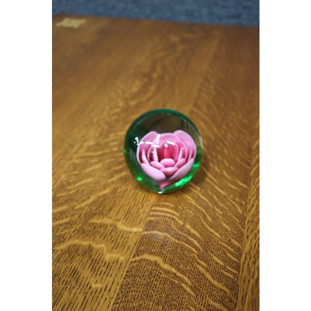 Traditional Måts Jonasson Swedish Art Glass Pink Rose Paperweight For Sale - Image 3 of 6