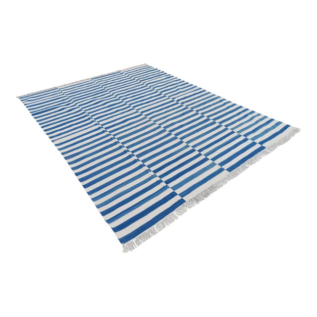 Handmade Cotton Striped Rug, Up Down Stripe Blue and White - 11'x11' For Sale