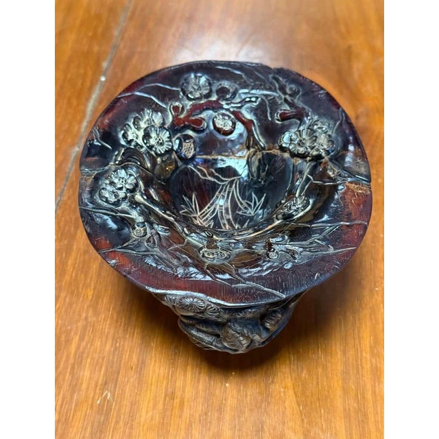 Asian Antique Chinese Carved Buffalo Horn Scholar's Bowl Qing Dynasty For Sale - Image 3 of 13