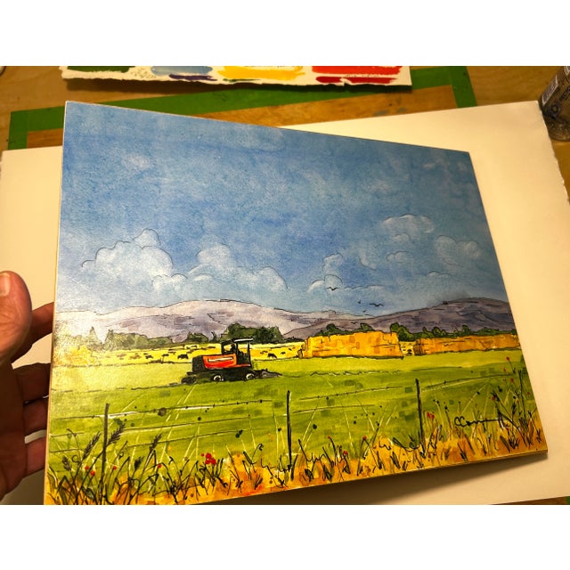 Original Watercolor Painting on Birch Board Rural Farm Scene For Sale - Image 4 of 8