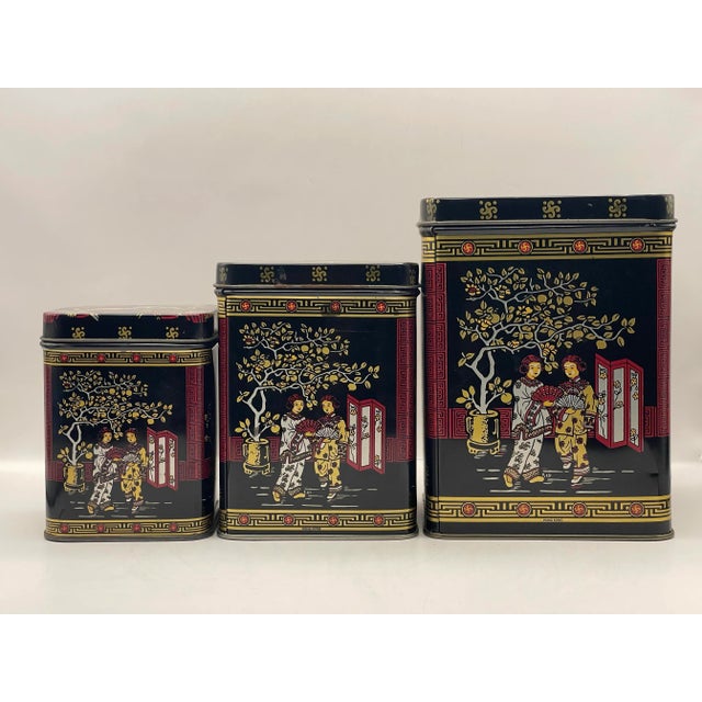 Black Mid 20th Century Asian Black & Gold Nesting Tins- A Set of 3 For Sale - Image 8 of 9