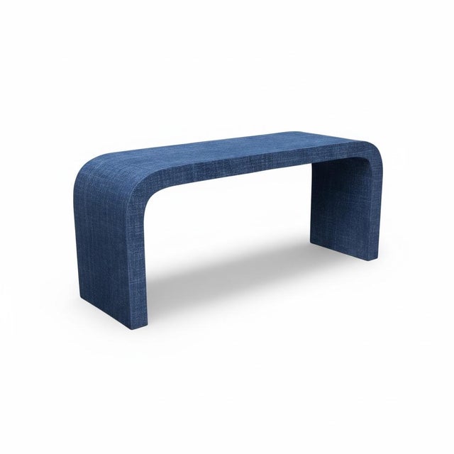 Contemporary 1970s Karl Springer Style Modern Blue Denim Grasscloth Wrapped Console Table For Sale - Image 3 of 5