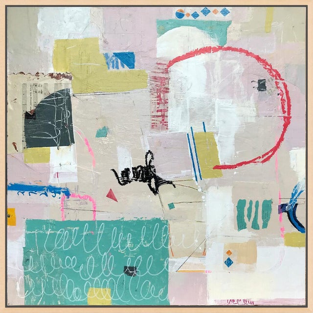 Patches of teal, blush, mustard and white are layered like torn paper, with a looping red line, tiny blue accents and...