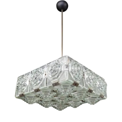 Mid-Century Bohemian Modern Glass & Chrome Chandelier, Czechoslovakia, 1970s For Sale