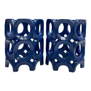 Pair of 1970s Cobalt Blue Lacquered Wood Geometric Candle Holders For Sale