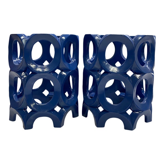 Pair of 1970s Cobalt Blue Lacquered Wood Geometric Candle Holders For Sale