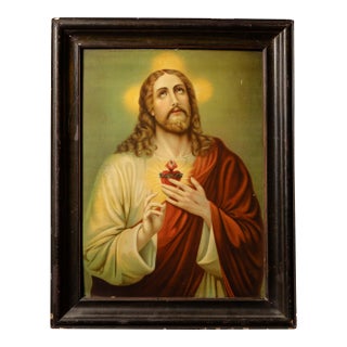 Early 20th Century Sacred Heart | Framed Tin Litho Christ Print For Sale
