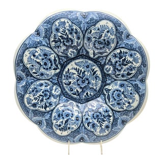 Vintage Delft Blue Lobed Charger Plate With Floral Cartouches, 15.5" For Sale