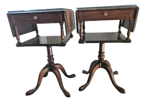 Pair English Chippendale Style Mahogany Drop-Leaf Leather Top Side End Tables