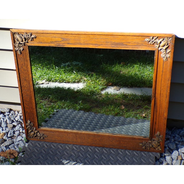 Antique Solid Oak Framed Wall Mirror Gesso Oak & Acorn c. 1900 Rectangular wooden wall mirror crafted from Oak, featuring...