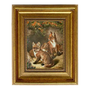 "Four Young Foxes" Contemporary Reproduction Print on Canvas, Framed